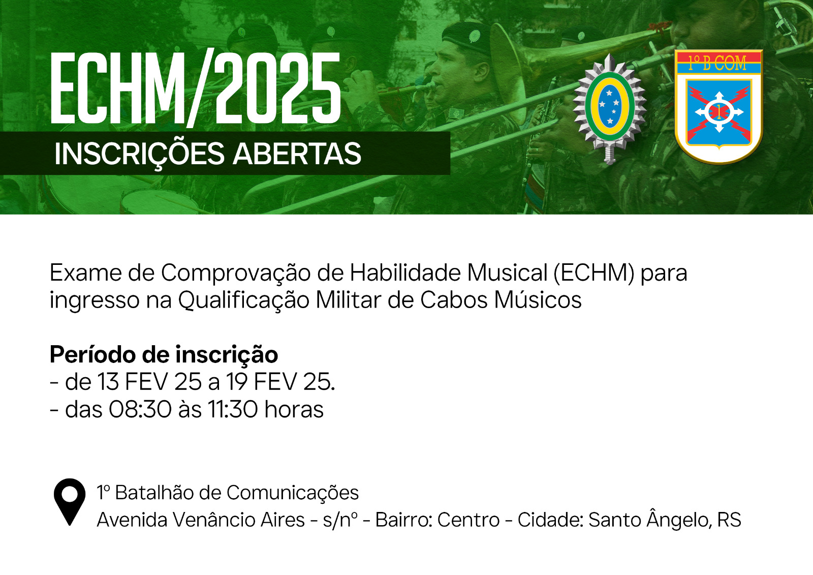 Exame de Comprovação de Habilidade Musical (ECHM) para ingresso na Qualificação Militar de Cabos Músicos 2025